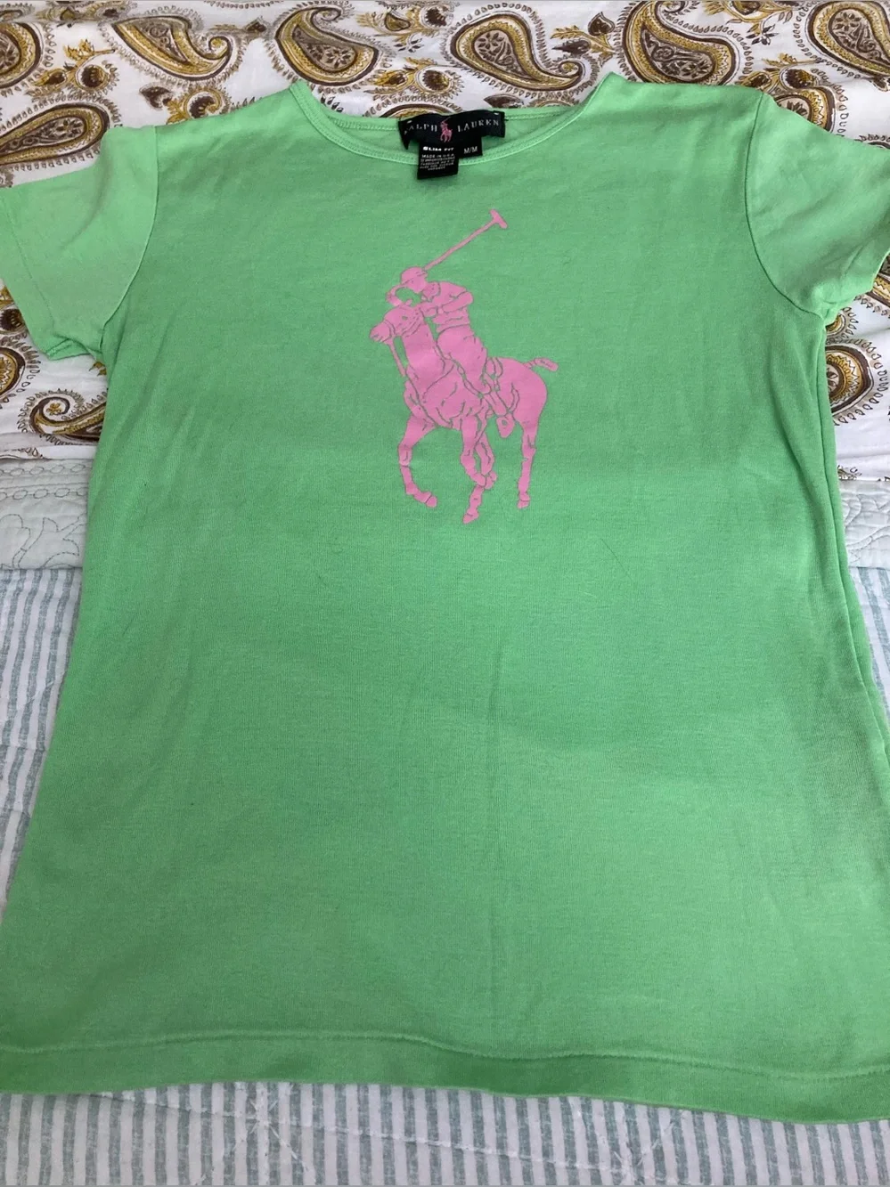 Ralph Lauren Green Short-Sleeve Tee Pink Polo Pony Sz Med Slim Fit
